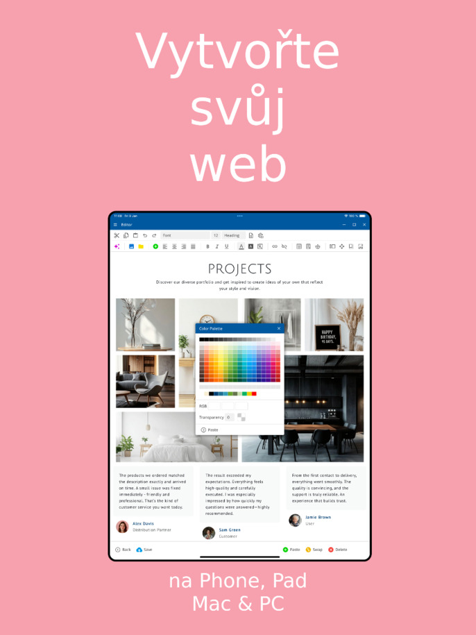 Aplikace Website Builder - vytvořte web pomocí aplikace na iOS a Android – zobrazení na tabletu