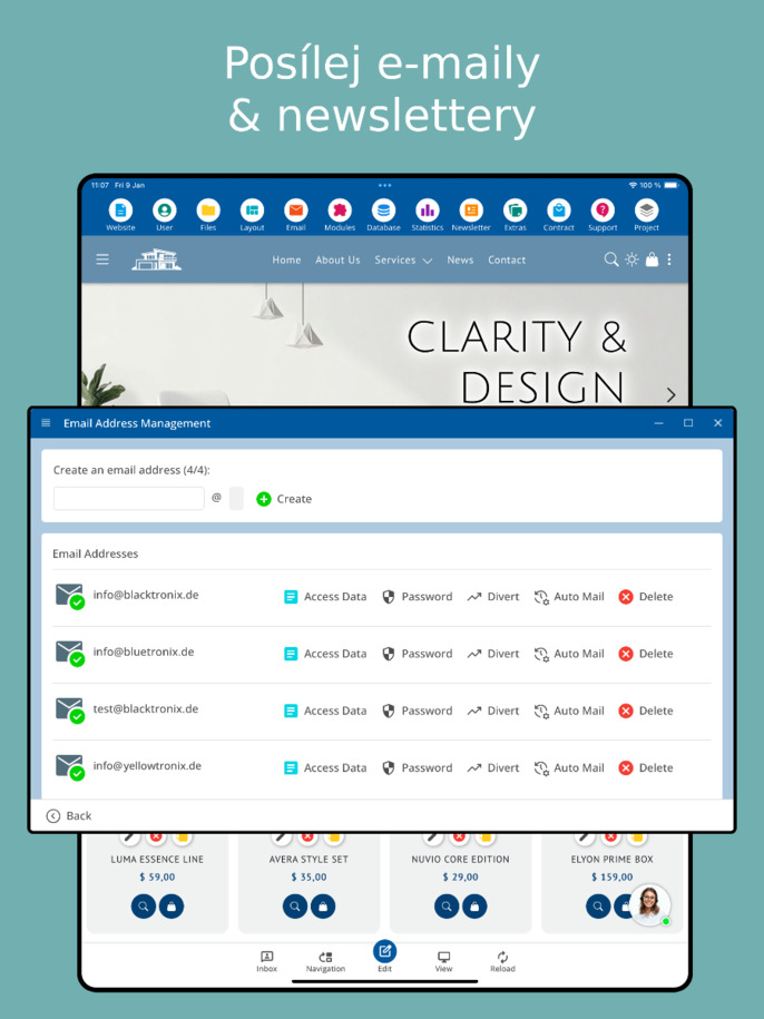 Odesílání newsletterů přes aplikaci – zobrazení na tabletu
