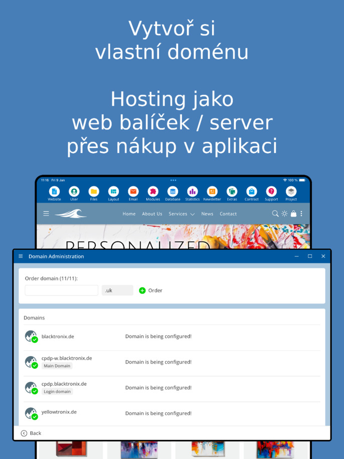 Správa domény v aplikaci – snímek obrazovky tabletu