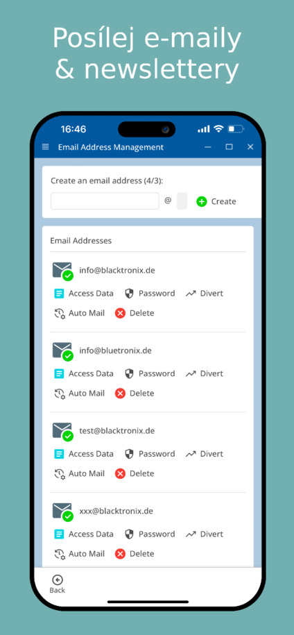 Odesílání newsletterů a e-mailů přes aplikaci – mobilní zobrazení
