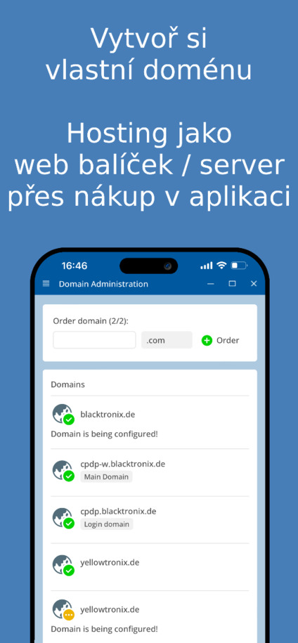 Vytvoření a správa vlastní domény – snímek obrazovky aplikace
